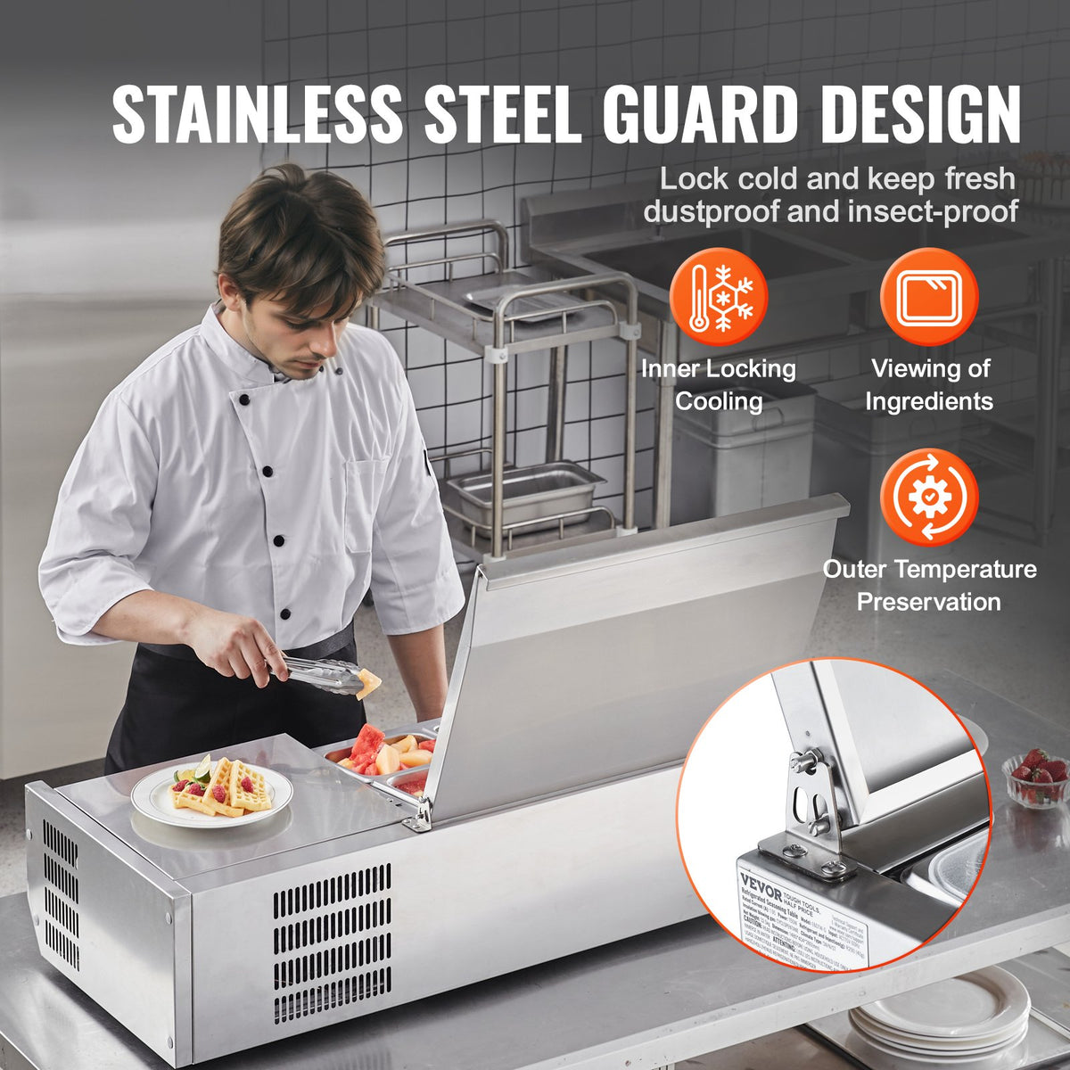 VEVOR Refrigerated Condiment Prep Station, 130 W Countertop Refrigerated Condiment Station, with 1 1/3 Pan & 4 1/6 Pans, 304 Stainless Body and PC Lid, Sandwich Prep Table with Stainless Guard, ETL - BXGZLZDWT40Y5N0MEV1 - view 6