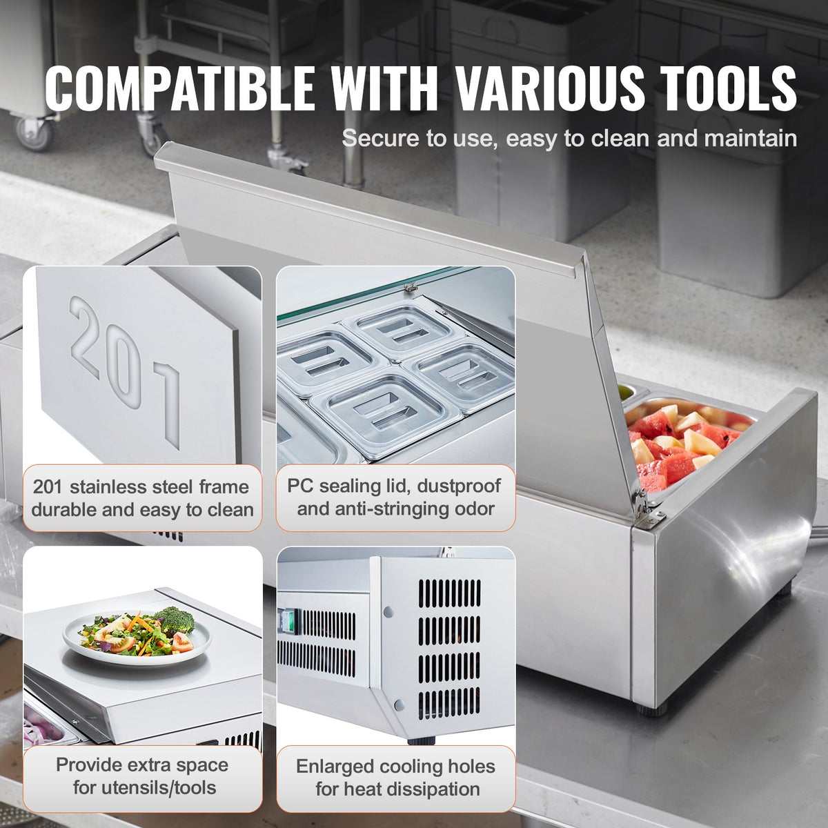 VEVOR Refrigerated Condiment Prep Station, 130 W Countertop Refrigerated Condiment Station, with 1 1/3 Pan & 4 1/6 Pans, 304 Stainless Body and PC Lid, Sandwich Prep Table with Stainless Guard, ETL - BXGZLZDWT40Y5N0MEV1 - view 7