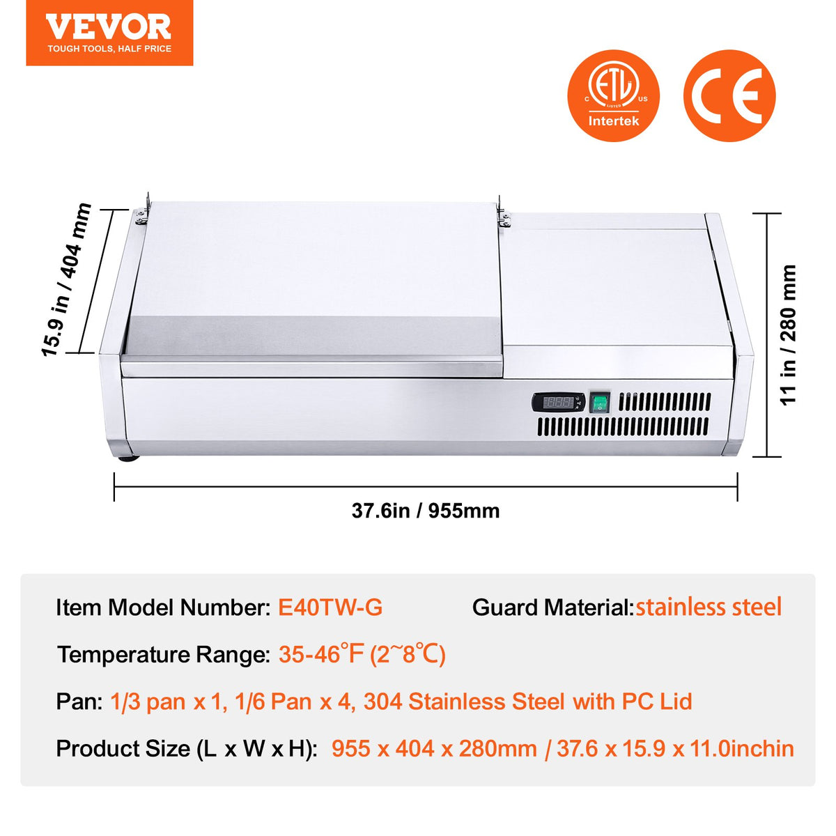 VEVOR Refrigerated Condiment Prep Station, 130 W Countertop Refrigerated Condiment Station, with 1 1/3 Pan & 4 1/6 Pans, 304 Stainless Body and PC Lid, Sandwich Prep Table with Stainless Guard, ETL - BXGZLZDWT40Y5N0MEV1 - view 8