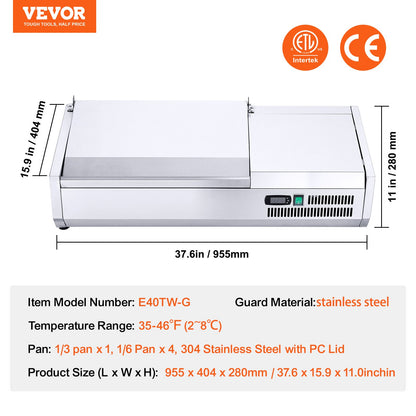 VEVOR Refrigerated Condiment Prep Station, 130 W Countertop Refrigerated Condiment Station, with 1 1/3 Pan & 4 1/6 Pans, 304 Stainless Body and PC Lid, Sandwich Prep Table with Stainless Guard, ETL - BXGZLZDWT40Y5N0MEV1 - view 8
