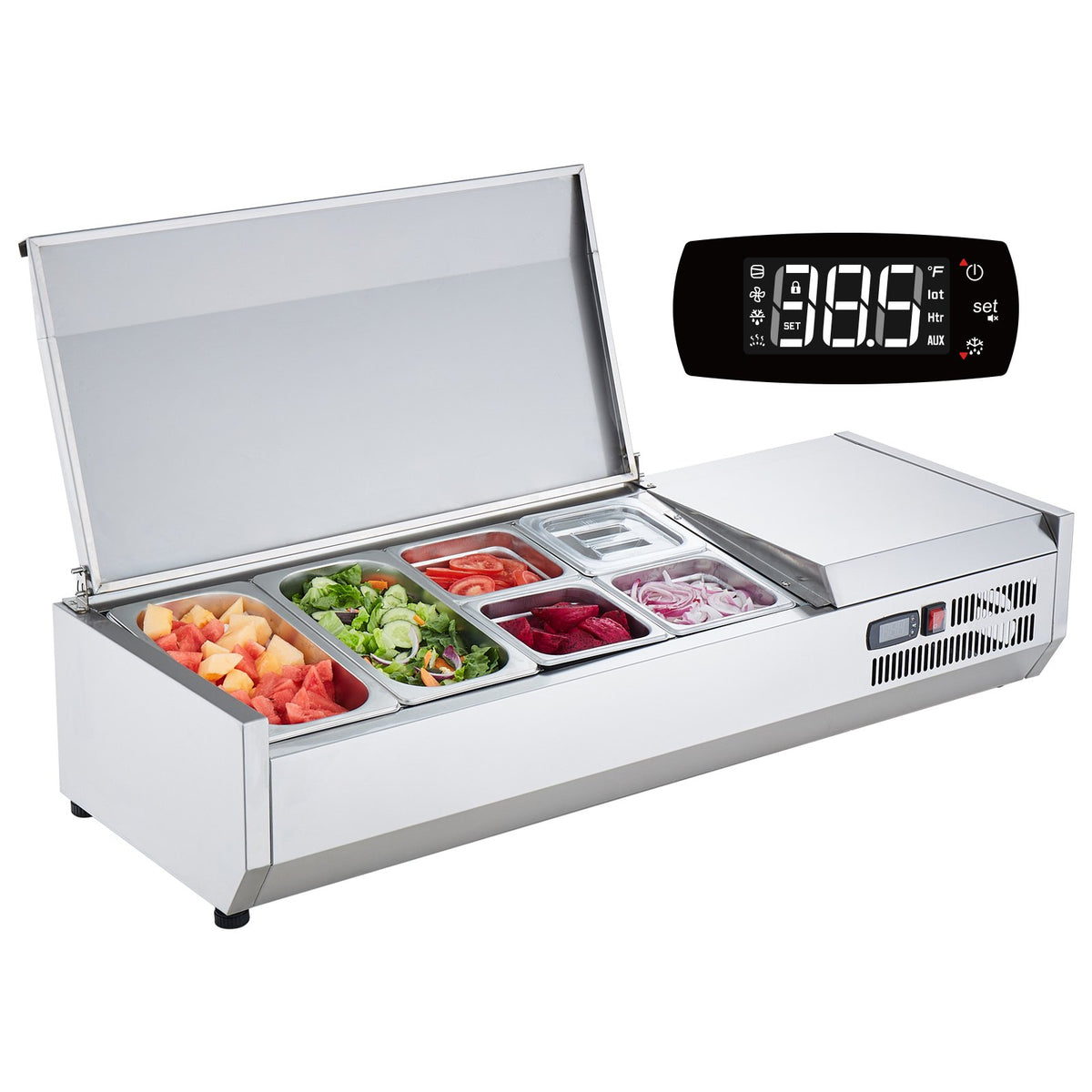 VEVOR Refrigerated Condiment Prep Station, 135 W Countertop Refrigerated Condiment Station, with 2 1/3 Pans & 4 1/6 Pans, 304 Stainless Body and PC Lid, Sandwich Prep Table with Stainless Guard, ETL - BXGZLZDWT48YDDDWXV1 - view 1