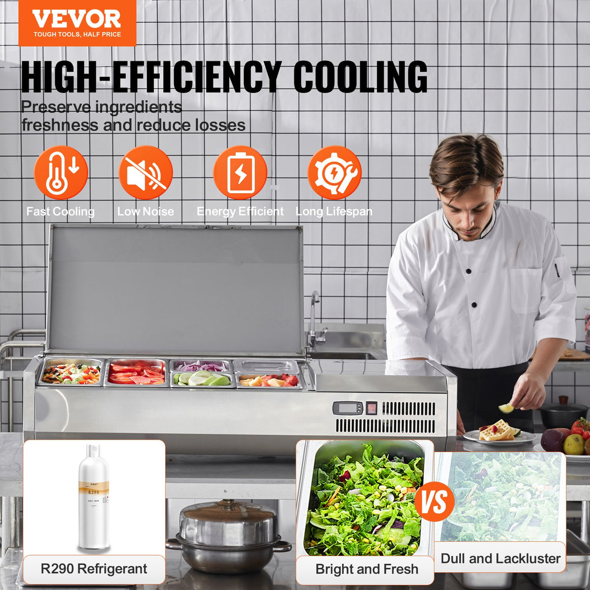 VEVOR Refrigerated Condiment Prep Station, 135 W Countertop Refrigerated Condiment Station, with 2 1/3 Pans & 4 1/6 Pans, 304 Stainless Body and PC Lid, Sandwich Prep Table with Stainless Guard, ETL - BXGZLZDWT48YDDDWXV1 - view 3