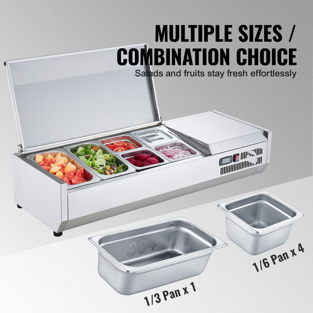 VEVOR Refrigerated Condiment Prep Station, 135 W Countertop Refrigerated Condiment Station, with 2 1/3 Pans & 4 1/6 Pans, 304 Stainless Body and PC Lid, Sandwich Prep Table with Stainless Guard, ETL - BXGZLZDWT48YDDDWXV1 - view 4