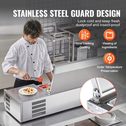 VEVOR Refrigerated Condiment Prep Station, 135 W Countertop Refrigerated Condiment Station, with 2 1/3 Pans & 4 1/6 Pans, 304 Stainless Body and PC Lid, Sandwich Prep Table with Stainless Guard, ETL - BXGZLZDWT48YDDDWXV1 - view 6