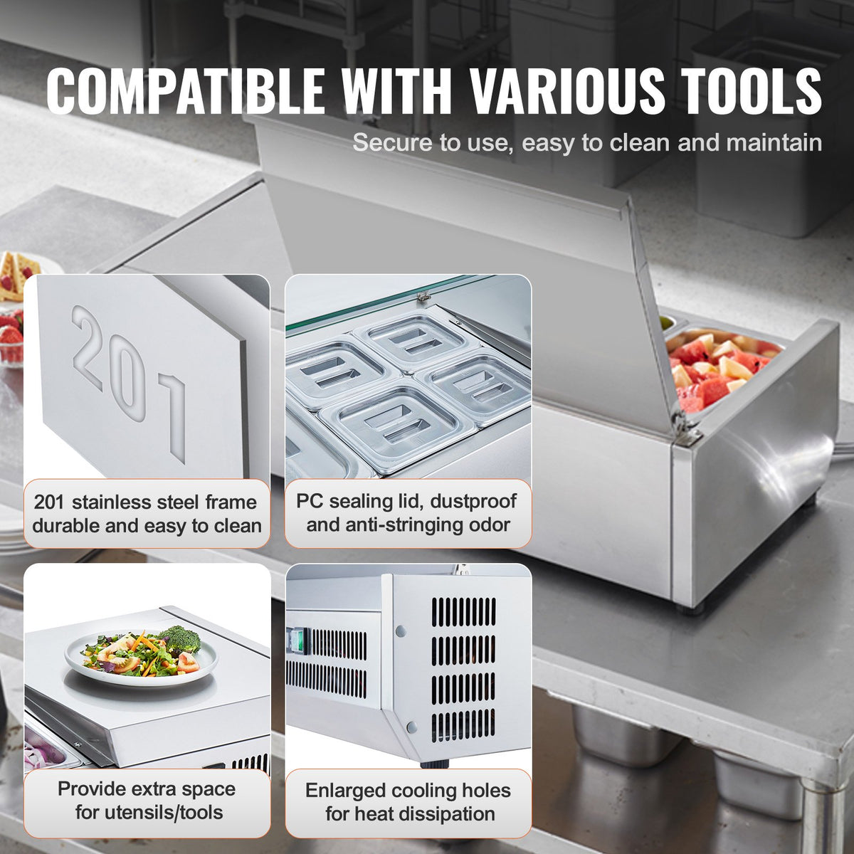VEVOR Refrigerated Condiment Prep Station, 135 W Countertop Refrigerated Condiment Station, with 2 1/3 Pans & 4 1/6 Pans, 304 Stainless Body and PC Lid, Sandwich Prep Table with Stainless Guard, ETL - BXGZLZDWT48YDDDWXV1 - view 7