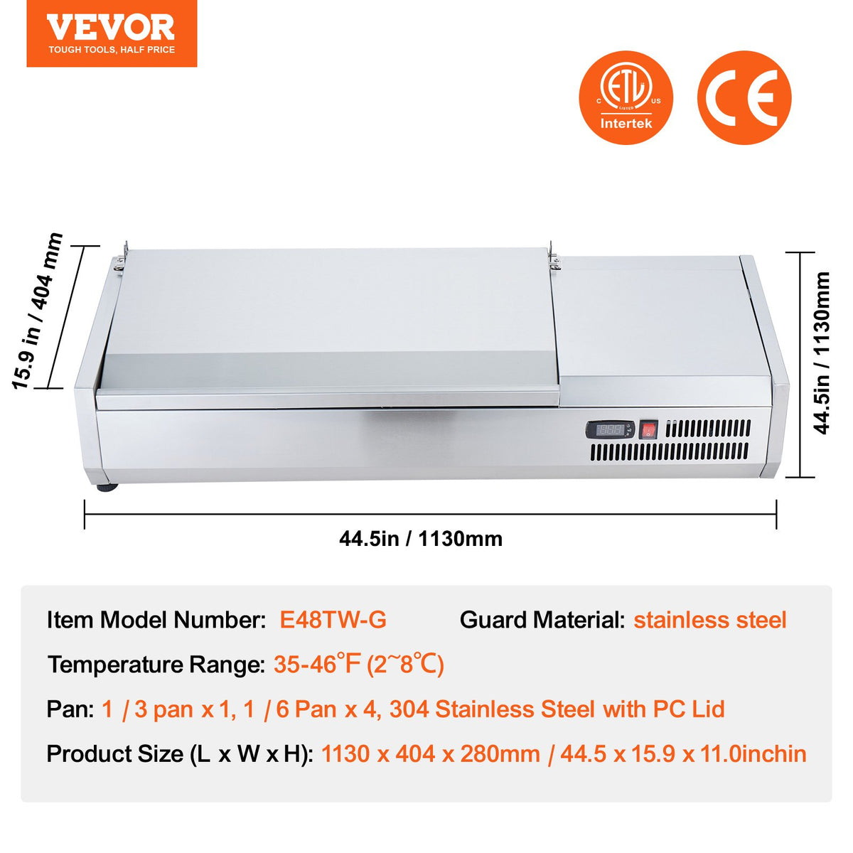 VEVOR Refrigerated Condiment Prep Station, 135 W Countertop Refrigerated Condiment Station, with 2 1/3 Pans & 4 1/6 Pans, 304 Stainless Body and PC Lid, Sandwich Prep Table with Stainless Guard, ETL - BXGZLZDWT48YDDDWXV1 - view 8