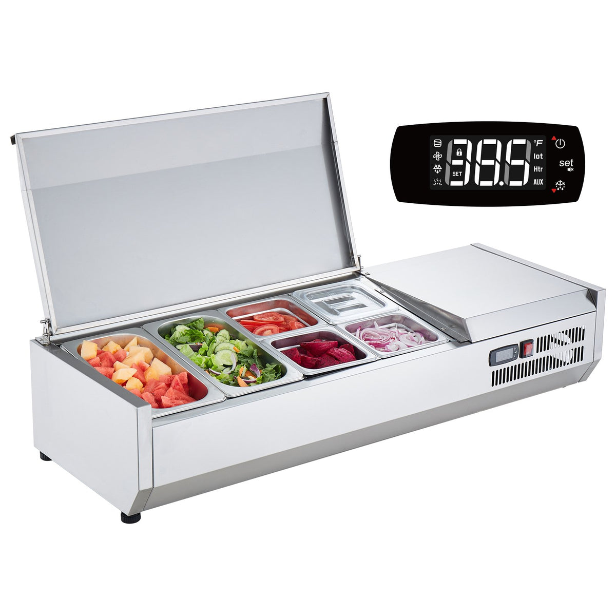 VEVOR Refrigerated Condiment Prep Station, 135 W Countertop Refrigerated Condiment Station, with 2 1/3 Pans & 4 1/6 Pans, 304 Stainless Body and PC Lid, Sandwich Prep Table with Stainless Guard, ETL - BXGZLZDWT48YDDDWXV1 - view 10