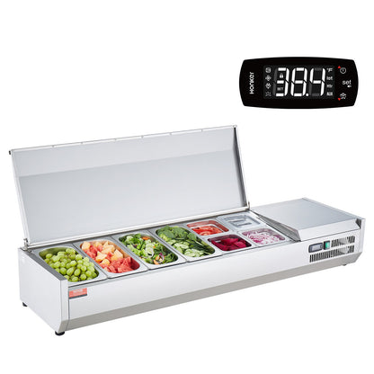 VEVOR Refrigerated Condiment Prep Station, 150 W Countertop Refrigerated Condiment Station, with 4 1/3 Pans & 4 1/6 Pans, 304 Stainless Body and PC Lid, Sandwich Prep Table with Stainless Guard, ETL - BXGZLZDWT60YYE2NAV1 - view 1