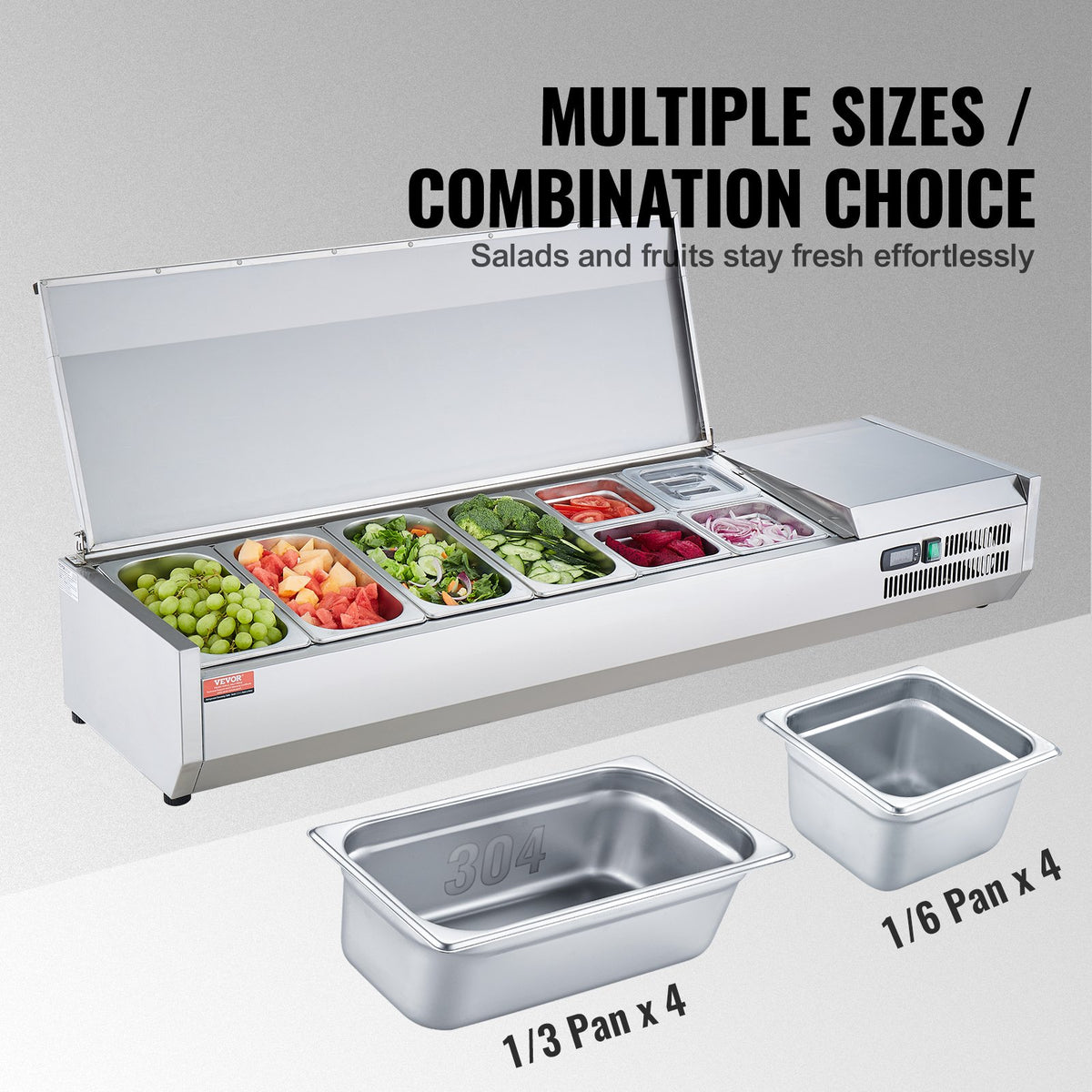 VEVOR Refrigerated Condiment Prep Station, 150 W Countertop Refrigerated Condiment Station, with 4 1/3 Pans & 4 1/6 Pans, 304 Stainless Body and PC Lid, Sandwich Prep Table with Stainless Guard, ETL - BXGZLZDWT60YYE2NAV1 - view 4
