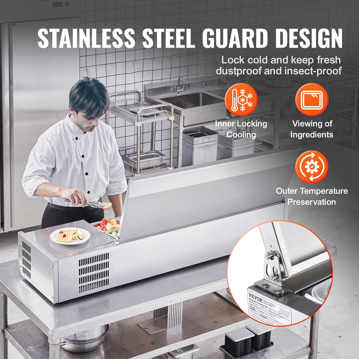 VEVOR Refrigerated Condiment Prep Station, 150 W Countertop Refrigerated Condiment Station, with 4 1/3 Pans & 4 1/6 Pans, 304 Stainless Body and PC Lid, Sandwich Prep Table with Stainless Guard, ETL - BXGZLZDWT60YYE2NAV1 - view 6