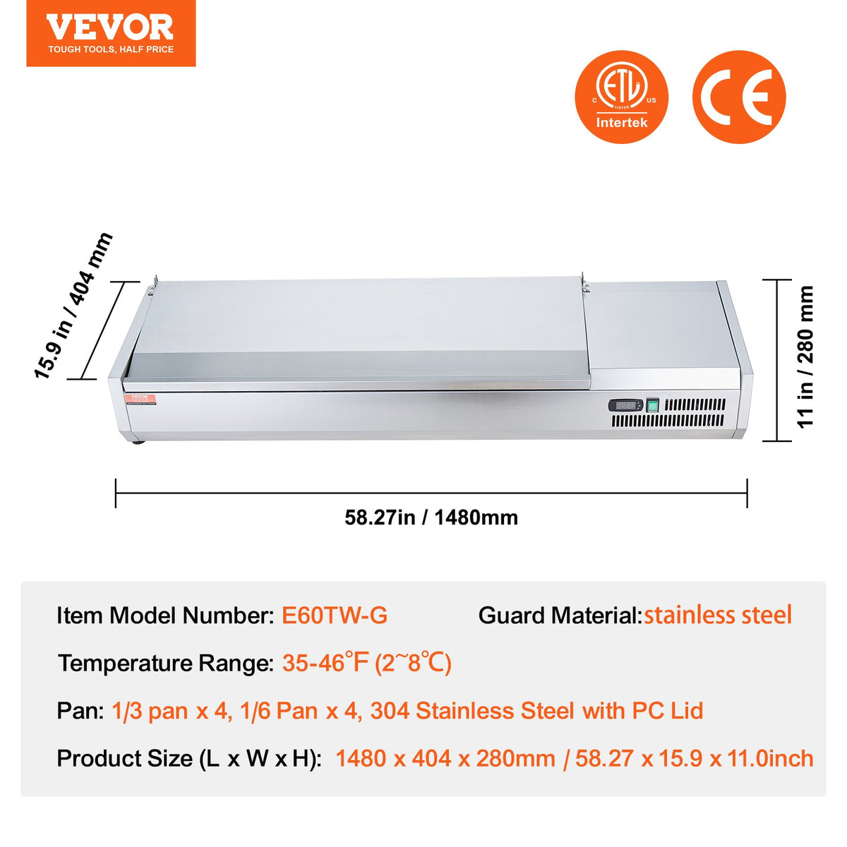 VEVOR Refrigerated Condiment Prep Station, 150 W Countertop Refrigerated Condiment Station, with 4 1/3 Pans & 4 1/6 Pans, 304 Stainless Body and PC Lid, Sandwich Prep Table with Stainless Guard, ETL - BXGZLZDWT60YYE2NAV1 - view 8