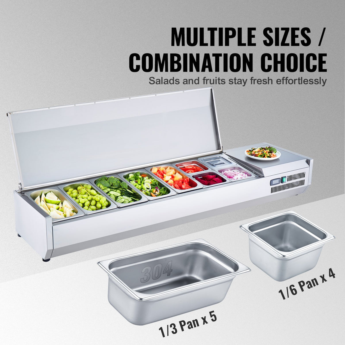 VEVOR Refrigerated Condiment Prep Station, 160 W Countertop Refrigerated Condiment Station, with 5 1/3 Pans & 4 1/6 Pans, 304 Stainless Body and PC Lid, Sandwich Prep Table with Stainless Guard, ETL - BXGZLZDWT71YA9AG7V1 - view 4