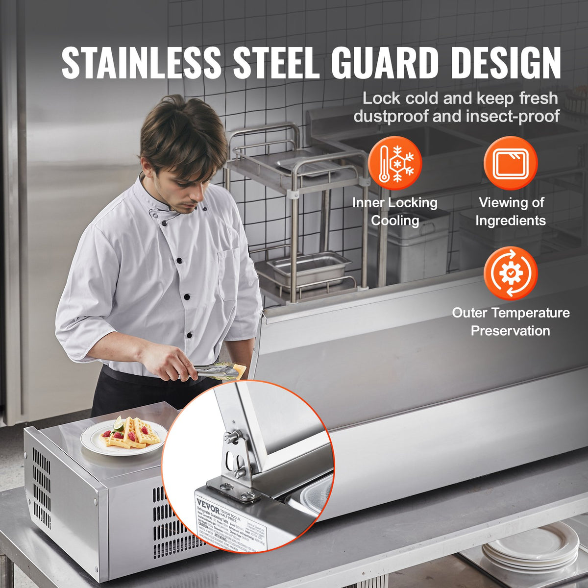 VEVOR Refrigerated Condiment Prep Station, 160 W Countertop Refrigerated Condiment Station, with 5 1/3 Pans & 4 1/6 Pans, 304 Stainless Body and PC Lid, Sandwich Prep Table with Stainless Guard, ETL - BXGZLZDWT71YA9AG7V1 - view 6