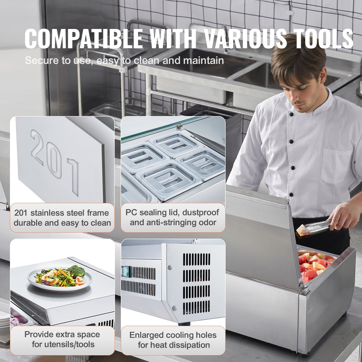 VEVOR Refrigerated Condiment Prep Station, 160 W Countertop Refrigerated Condiment Station, with 5 1/3 Pans & 4 1/6 Pans, 304 Stainless Body and PC Lid, Sandwich Prep Table with Stainless Guard, ETL - BXGZLZDWT71YA9AG7V1 - view 7