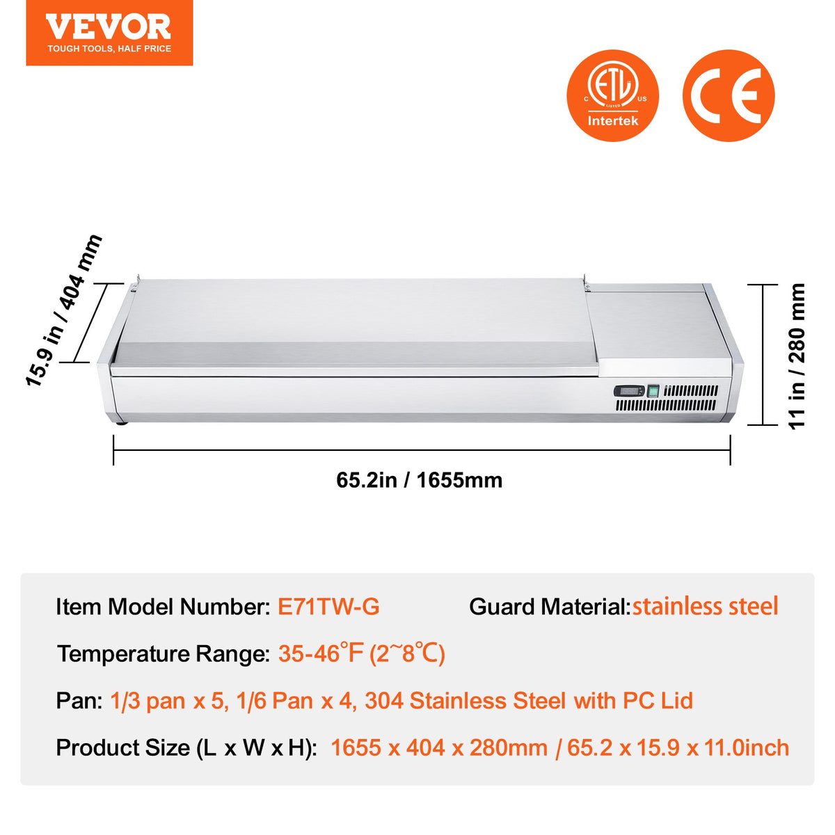 VEVOR Refrigerated Condiment Prep Station, 160 W Countertop Refrigerated Condiment Station, with 5 1/3 Pans & 4 1/6 Pans, 304 Stainless Body and PC Lid, Sandwich Prep Table with Stainless Guard, ETL - BXGZLZDWT71YA9AG7V1 - view 8