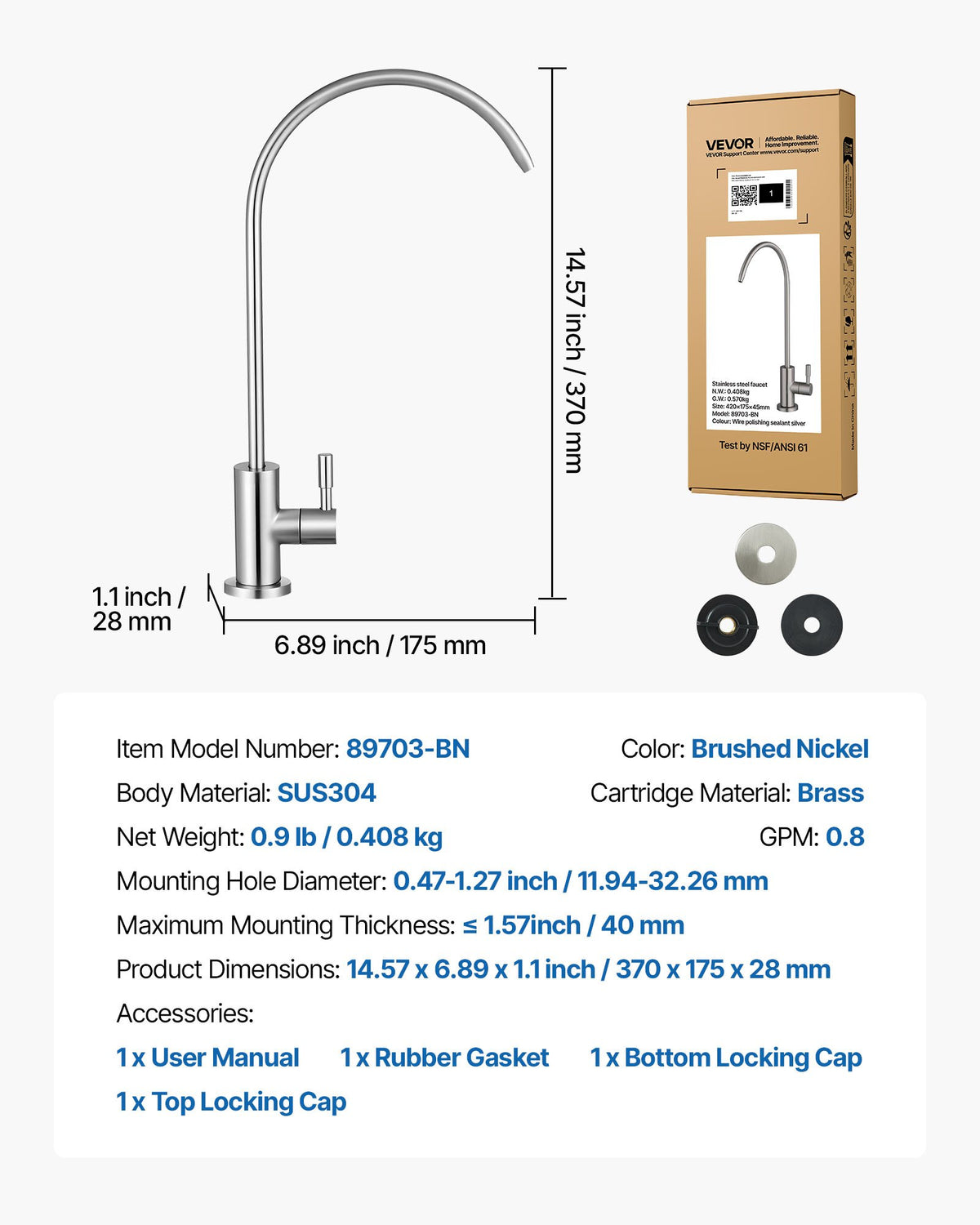 VEVOR Stainless Steel Faucet, Lead-Free Drinking Water Faucets, Reverse Osmosis Faucet with Solid Brass Valve, High Arch Filtered Water Faucets For Kitchen Sink, Bar Counter, Cafe Shop, Brushed Nickel - BXGZTBSGLSLTDJEHJ001V0 - view 8