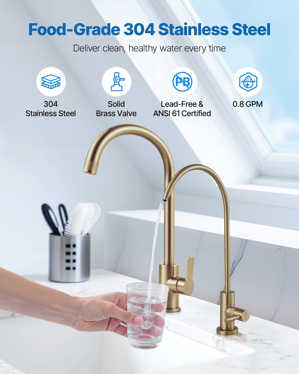 VEVOR Stainless Steel Faucet, Lead-Free Water Purifier Faucet, Filter Water Faucets With Solid Brass Valve, Anti-Rust & Durability Ro Water Faucets For Kitchen, Bar Counter, Cafe Shop, Brushed Gold - BXGZTBSGLSLTDWK7L001V0 - view 3