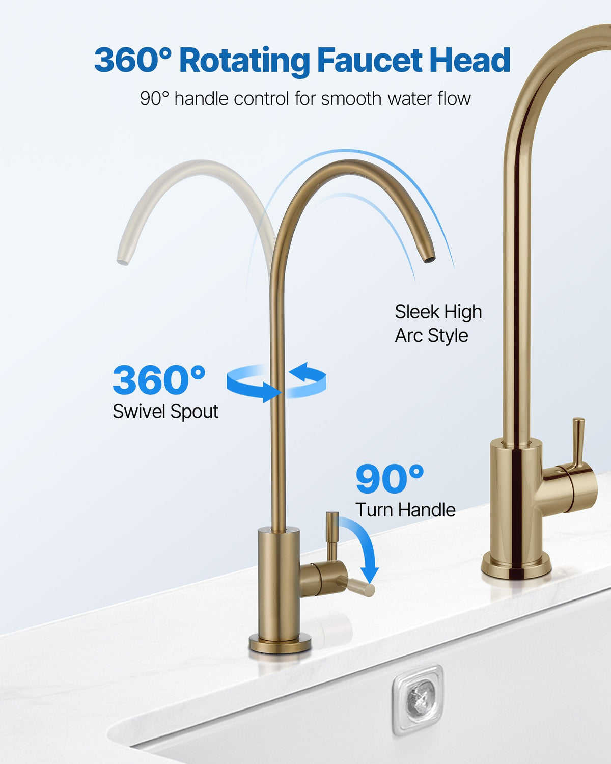 VEVOR Stainless Steel Faucet, Lead-Free Water Purifier Faucet, Filter Water Faucets With Solid Brass Valve, Anti-Rust & Durability Ro Water Faucets For Kitchen, Bar Counter, Cafe Shop, Brushed Gold - BXGZTBSGLSLTDWK7L001V0 - view 4