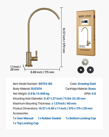 VEVOR Stainless Steel Faucet, Lead-Free Water Purifier Faucet, Filter Water Faucets With Solid Brass Valve, Anti-Rust & Durability Ro Water Faucets For Kitchen, Bar Counter, Cafe Shop, Brushed Gold - BXGZTBSGLSLTDWK7L001V0 - view 8