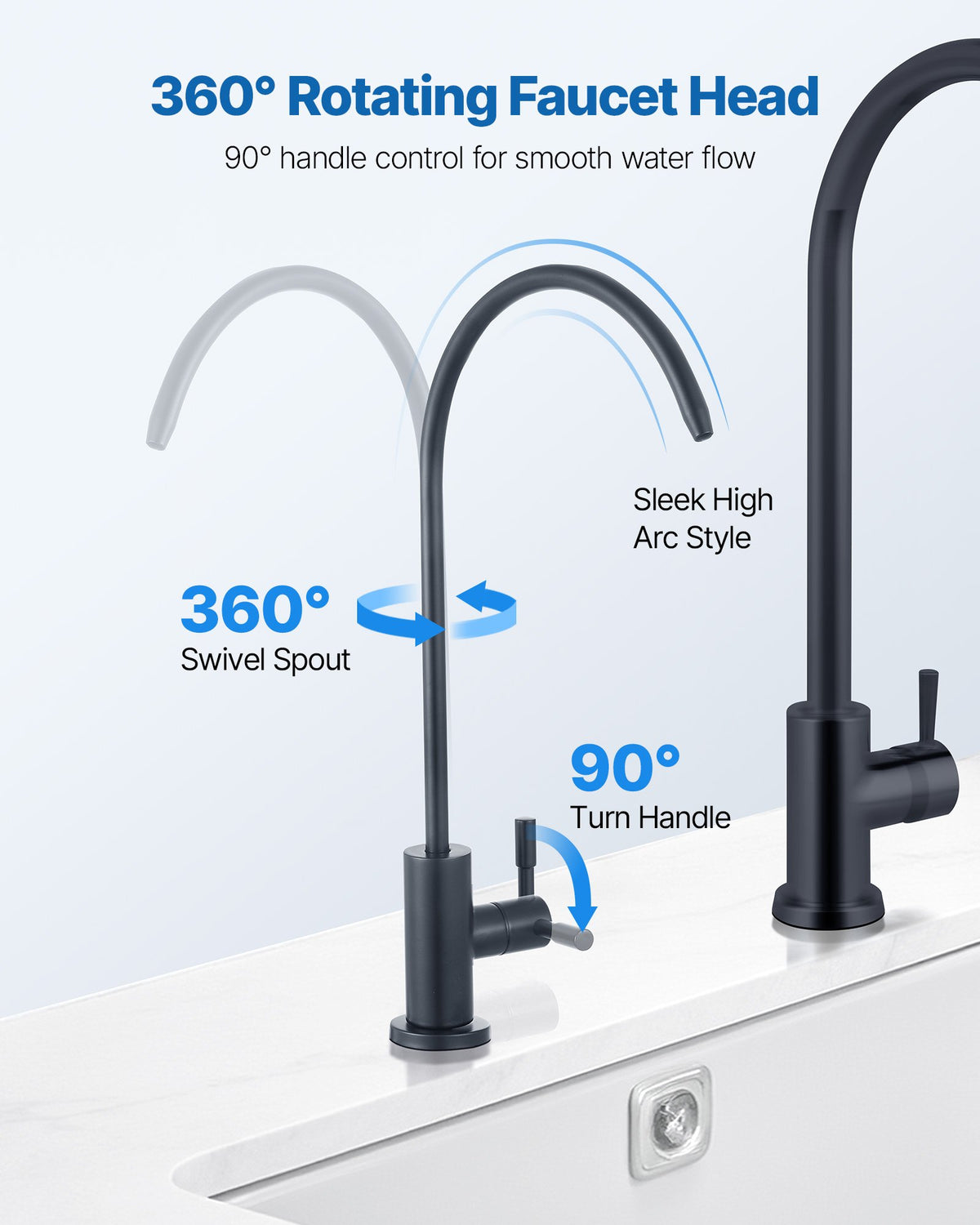 VEVOR Stainless Steel Faucet, Lead-Free Water Purifier Faucets, Reverse Osmosis Faucet with Solid Brass Valve, High Arch Drinking Water Faucets For Kitchen Sink, Bar Counter, Cafe Shop, Matte Black - BXGZTBSGLSLTIQIAA001V0 - view 4