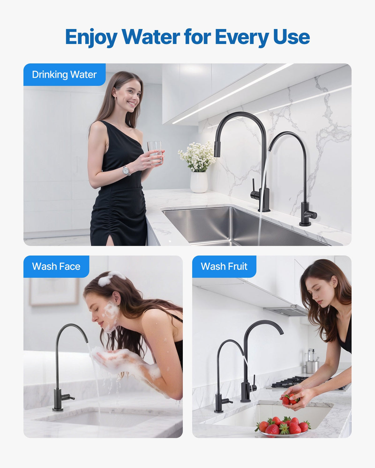 VEVOR Stainless Steel Faucet, Lead-Free Water Purifier Faucets, Reverse Osmosis Faucet with Solid Brass Valve, High Arch Drinking Water Faucets For Kitchen Sink, Bar Counter, Cafe Shop, Matte Black - BXGZTBSGLSLTIQIAA001V0 - view 7