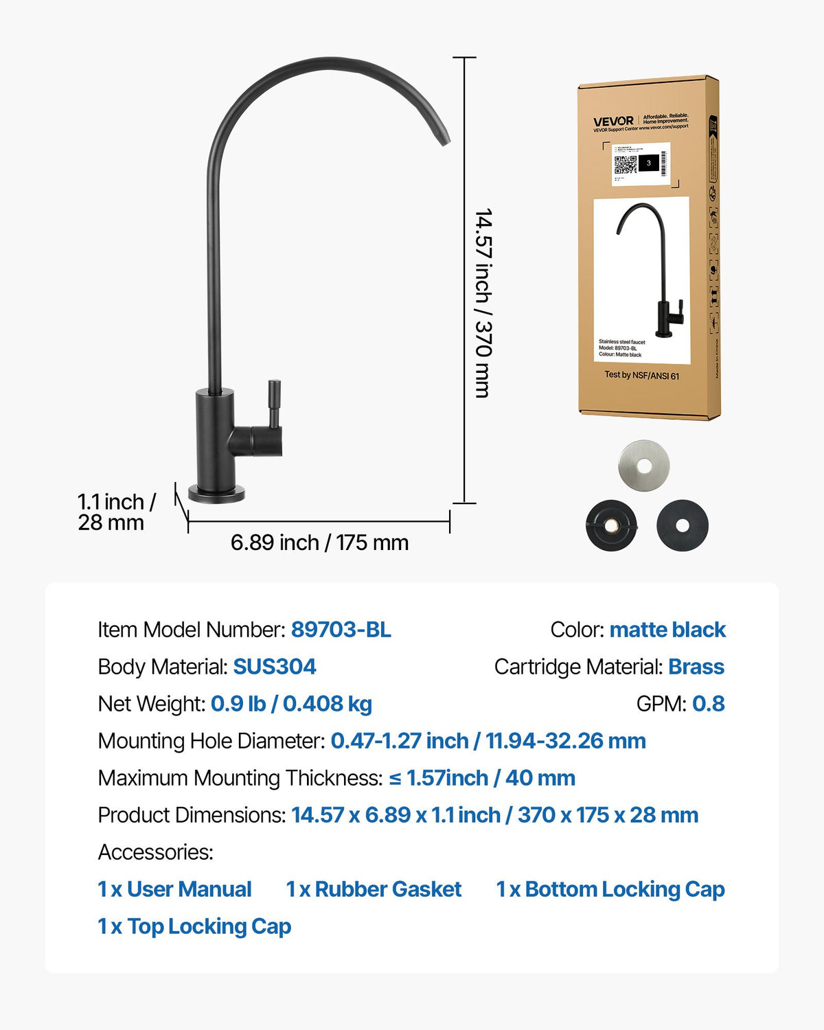 VEVOR Stainless Steel Faucet, Lead-Free Water Purifier Faucets, Reverse Osmosis Faucet with Solid Brass Valve, High Arch Drinking Water Faucets For Kitchen Sink, Bar Counter, Cafe Shop, Matte Black - BXGZTBSGLSLTIQIAA001V0 - view 8
