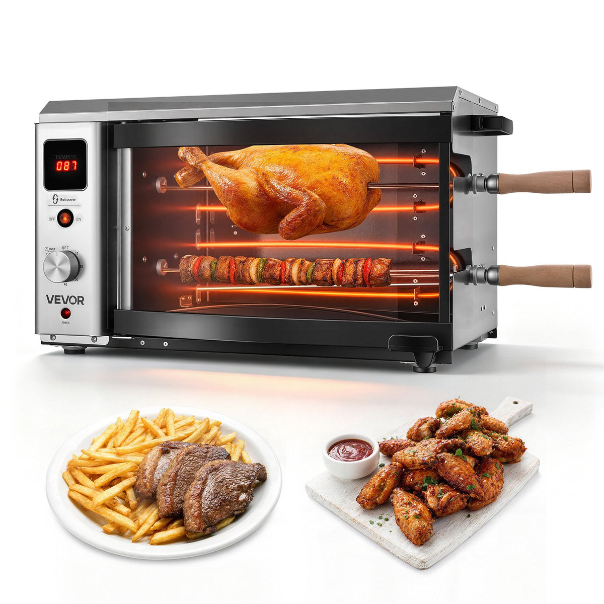 VEVOR Countertop Vertical Oven Brazilian Flame 2 Auto Rotating Skewers, for Steak, Fish, Lamb Leg, 1800W Rotisserie Shawarma Machine, Electric Meat Kebab Grill, with Curved Glass Door, Drip Tray - BXKRJBXGHXM2XCCW6001V1 - view 1