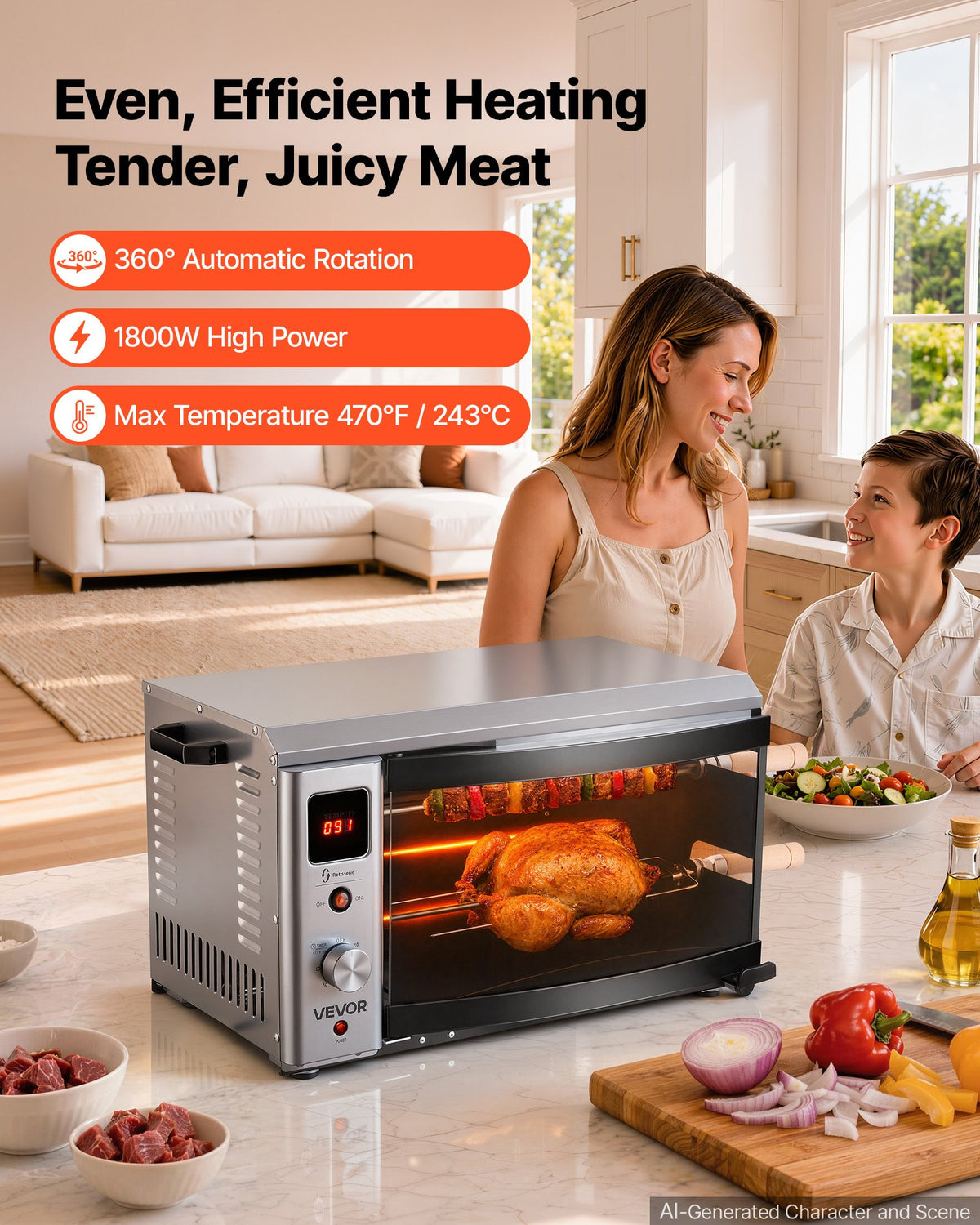 VEVOR Countertop Vertical Oven Brazilian Flame 2 Auto Rotating Skewers, for Steak, Fish, Lamb Leg, 1800W Rotisserie Shawarma Machine, Electric Meat Kebab Grill, with Curved Glass Door, Drip Tray - BXKRJBXGHXM2XCCW6001V1 - view 3