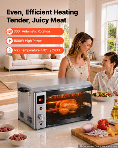 VEVOR Countertop Vertical Oven Brazilian Flame 2 Auto Rotating Skewers, for Steak, Fish, Lamb Leg, 1800W Rotisserie Shawarma Machine, Electric Meat Kebab Grill, with Curved Glass Door, Drip Tray - BXKRJBXGHXM2XCCW6001V1 - view 3