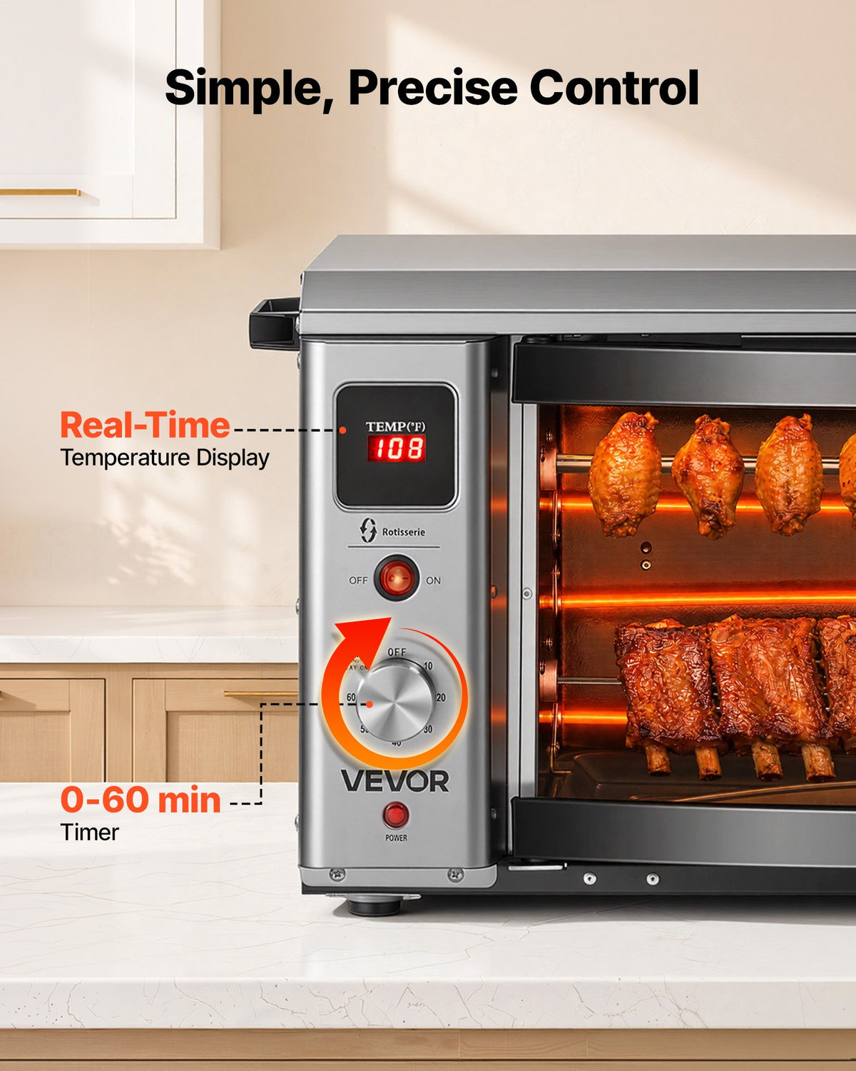 VEVOR Countertop Vertical Oven Brazilian Flame 2 Auto Rotating Skewers, for Steak, Fish, Lamb Leg, 1800W Rotisserie Shawarma Machine, Electric Meat Kebab Grill, with Curved Glass Door, Drip Tray - BXKRJBXGHXM2XCCW6001V1 - view 5