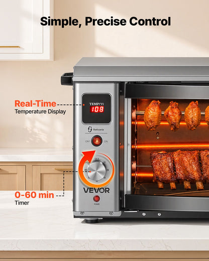 VEVOR Countertop Vertical Oven Brazilian Flame 2 Auto Rotating Skewers, for Steak, Fish, Lamb Leg, 1800W Rotisserie Shawarma Machine, Electric Meat Kebab Grill, with Curved Glass Door, Drip Tray - BXKRJBXGHXM2XCCW6001V1 - view 5