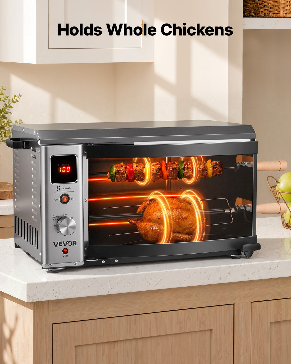 VEVOR Countertop Vertical Oven Brazilian Flame 2 Auto Rotating Skewers, for Steak, Fish, Lamb Leg, 1800W Rotisserie Shawarma Machine, Electric Meat Kebab Grill, with Curved Glass Door, Drip Tray - BXKRJBXGHXM2XCCW6001V1 - view 6