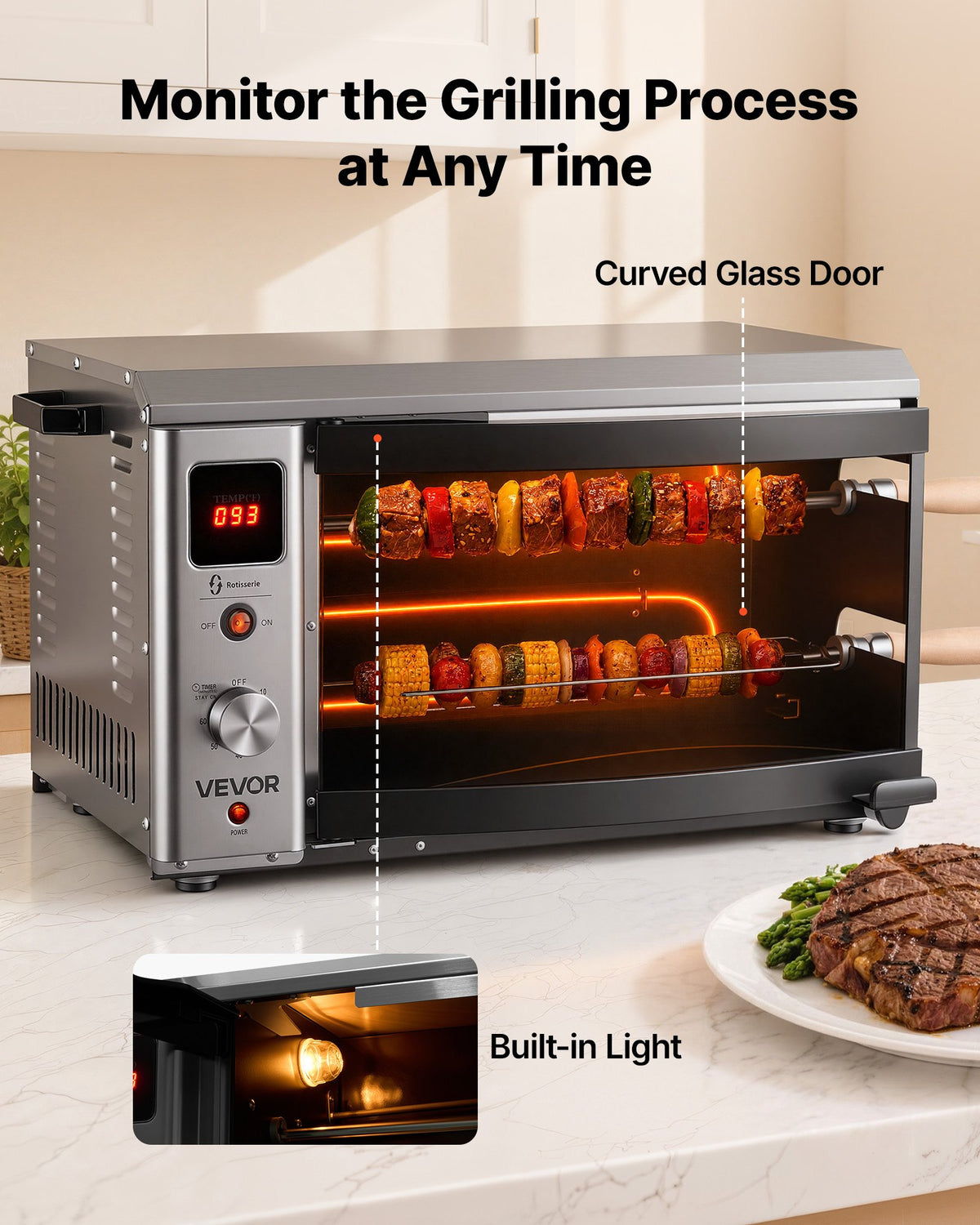 VEVOR Countertop Vertical Oven Brazilian Flame 2 Auto Rotating Skewers, for Steak, Fish, Lamb Leg, 1800W Rotisserie Shawarma Machine, Electric Meat Kebab Grill, with Curved Glass Door, Drip Tray - BXKRJBXGHXM2XCCW6001V1 - view 7