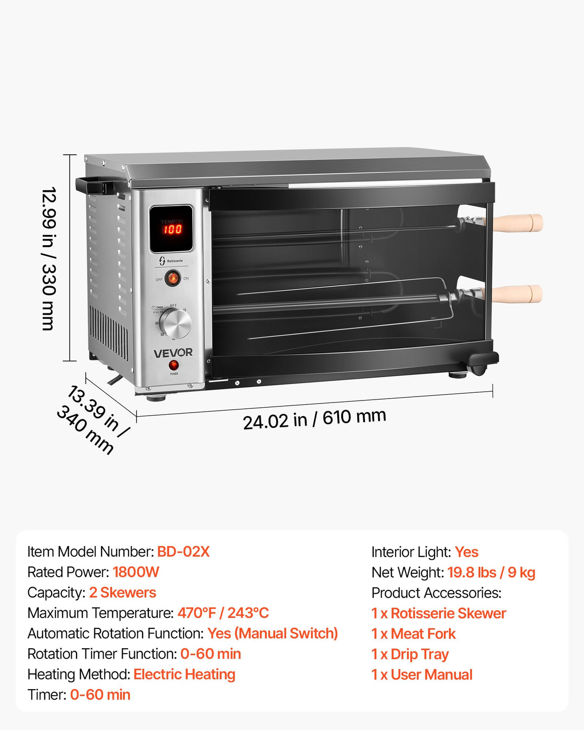 VEVOR Countertop Vertical Oven Brazilian Flame 2 Auto Rotating Skewers, for Steak, Fish, Lamb Leg, 1800W Rotisserie Shawarma Machine, Electric Meat Kebab Grill, with Curved Glass Door, Drip Tray - BXKRJBXGHXM2XCCW6001V1 - view 8