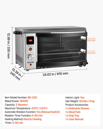 VEVOR Countertop Vertical Oven Brazilian Flame 2 Auto Rotating Skewers, for Steak, Fish, Lamb Leg, 1800W Rotisserie Shawarma Machine, Electric Meat Kebab Grill, with Curved Glass Door, Drip Tray - BXKRJBXGHXM2XCCW6001V1 - view 8