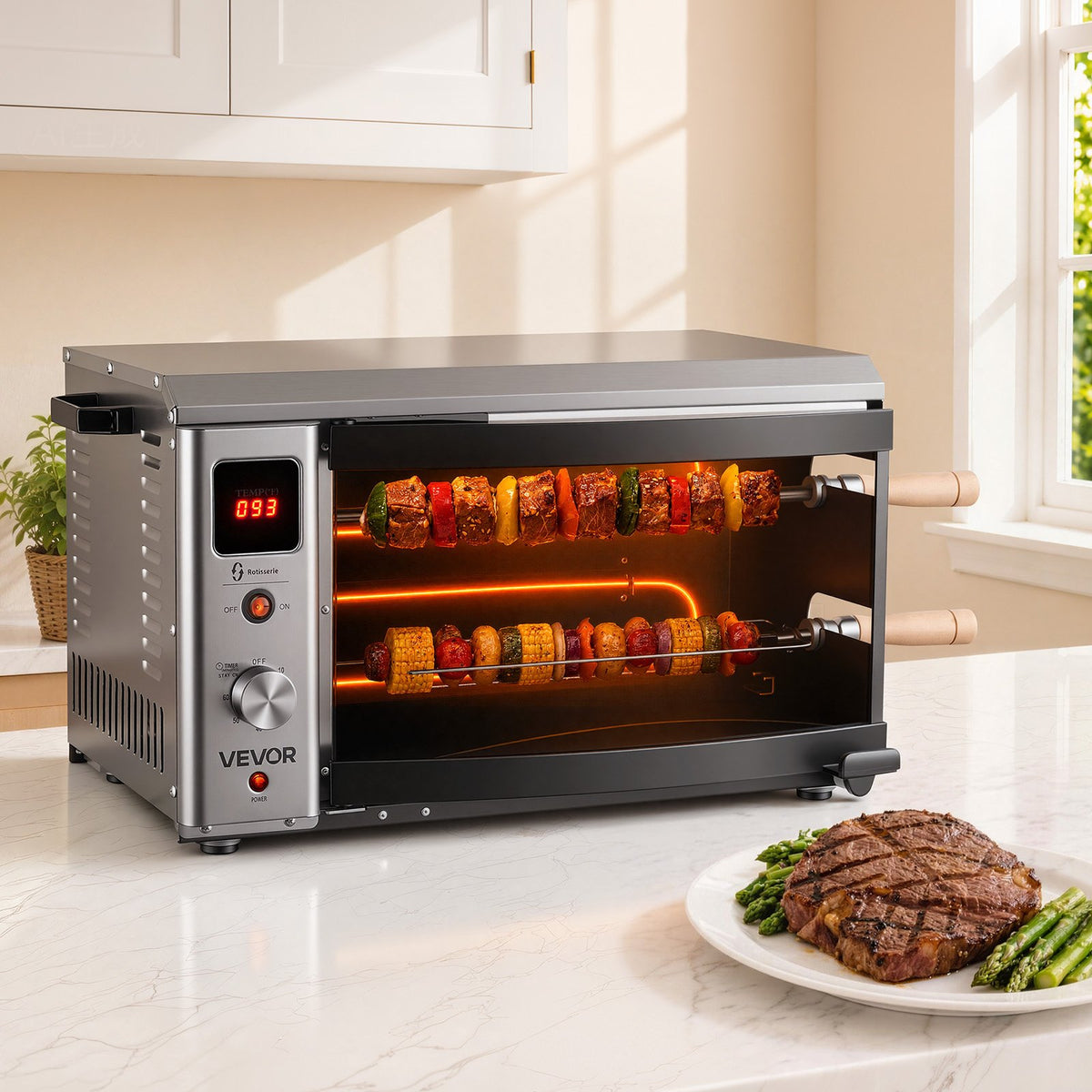 VEVOR Countertop Vertical Oven Brazilian Flame 2 Auto Rotating Skewers, for Steak, Fish, Lamb Leg, 1800W Rotisserie Shawarma Machine, Electric Meat Kebab Grill, with Curved Glass Door, Drip Tray - BXKRJBXGHXM2XCCW6001V1 - view 9