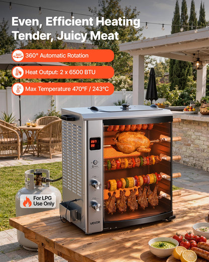 VEVOR Countertop Vertical Oven Brazilian Flame 5 Auto Rotating Skewers, for Steak, Fish, Lamb Leg, Outdoor Gas Heating Rotisserie Shawarma Machine, Meat Kebab Grill, with Curved Glass Door - BXKRJBXGHXM50OVBX001V1 - view 3