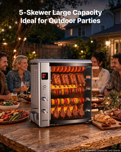 VEVOR Countertop Vertical Oven Brazilian Flame 5 Auto Rotating Skewers, for Steak, Fish, Lamb Leg, Outdoor Gas Heating Rotisserie Shawarma Machine, Meat Kebab Grill, with Curved Glass Door - BXKRJBXGHXM50OVBX001V1 - view 6