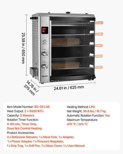 VEVOR Countertop Vertical Oven Brazilian Flame 5 Auto Rotating Skewers, for Steak, Fish, Lamb Leg, Outdoor Gas Heating Rotisserie Shawarma Machine, Meat Kebab Grill, with Curved Glass Door - BXKRJBXGHXM50OVBX001V1 - view 8