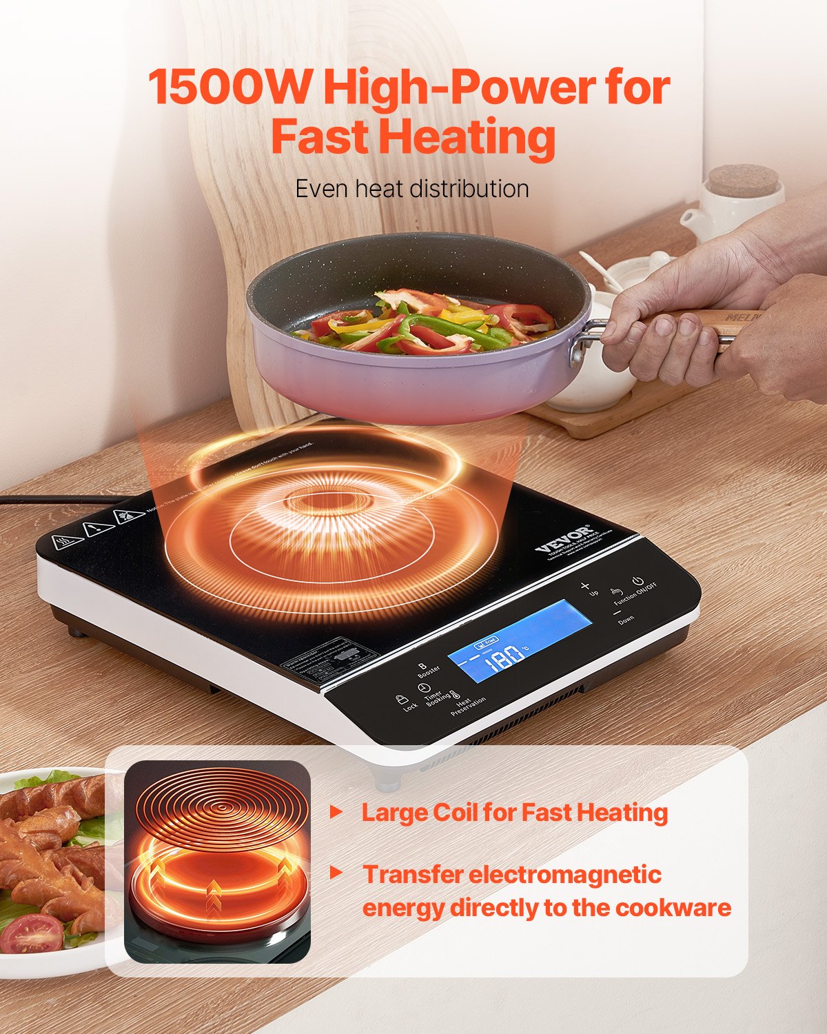 VEVOR Portable Induction Cooktop, 1500W Electric Induction Burner with 9 Temperature Settings, Countertop Induction Hot Plate with 4H Timer, 24H Reservation, Child Lock, Easy to Clean, for Cooking - BXKTMSDCL1509ZY8VV1 - view 3