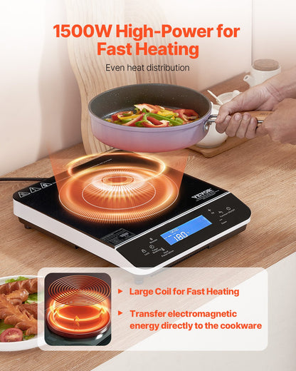 VEVOR Portable Induction Cooktop, 1500W Electric Induction Burner with 9 Temperature Settings, Countertop Induction Hot Plate with 4H Timer, 24H Reservation, Child Lock, Easy to Clean, for Cooking - BXKTMSDCL1509ZY8VV1 - view 3