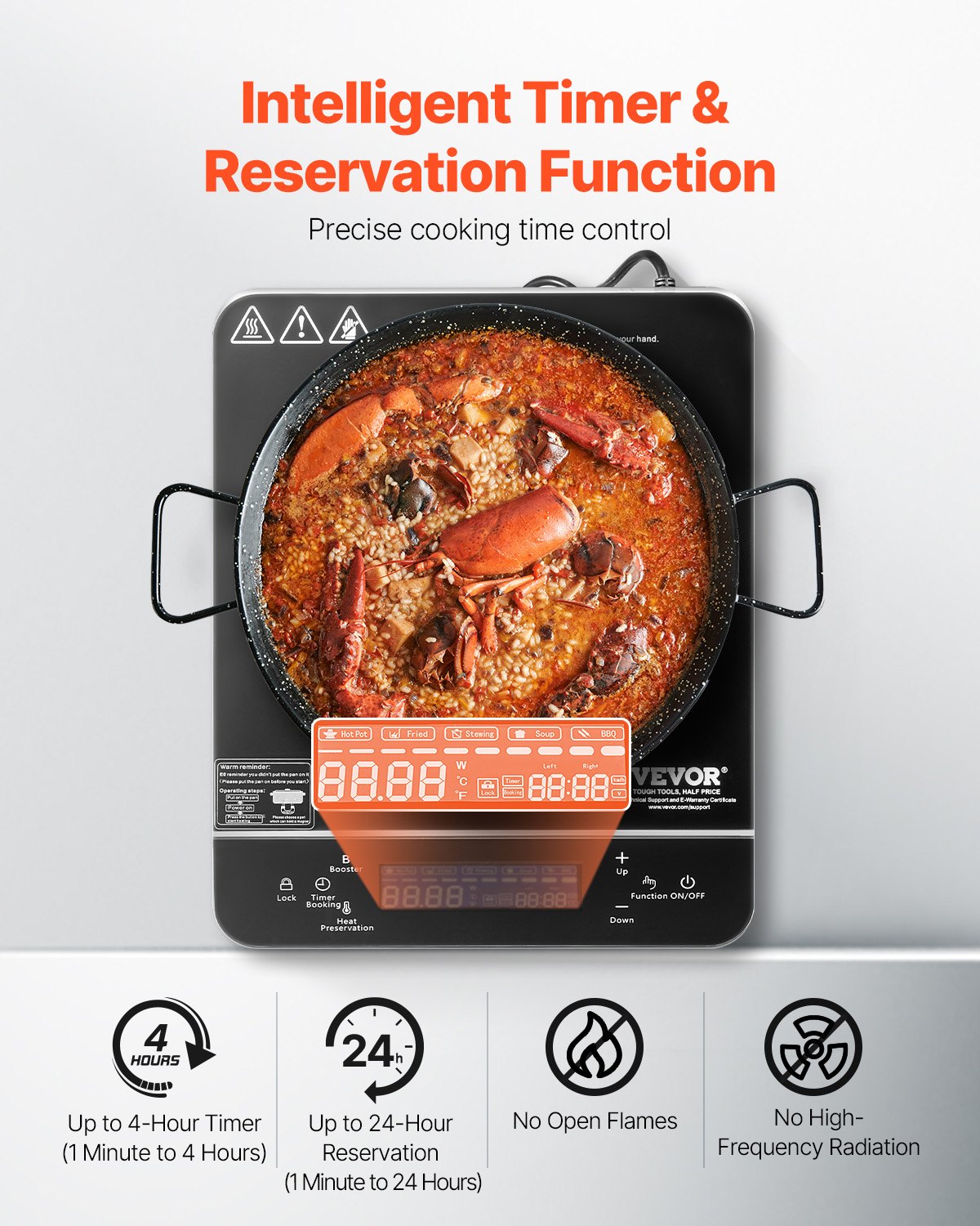 VEVOR Portable Induction Cooktop, 1500W Electric Induction Burner with 9 Temperature Settings, Countertop Induction Hot Plate with 4H Timer, 24H Reservation, Child Lock, Easy to Clean, for Cooking - BXKTMSDCL1509ZY8VV1 - view 5