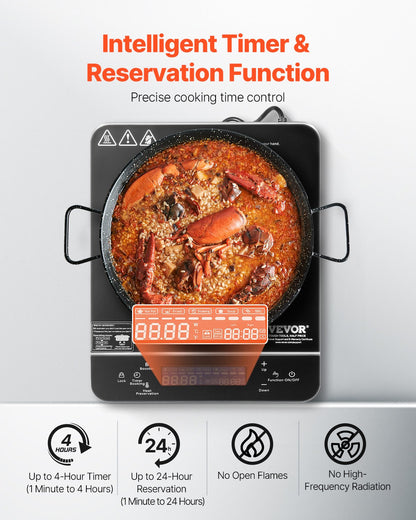 VEVOR Portable Induction Cooktop, 1500W Electric Induction Burner with 9 Temperature Settings, Countertop Induction Hot Plate with 4H Timer, 24H Reservation, Child Lock, Easy to Clean, for Cooking - BXKTMSDCL1509ZY8VV1 - view 5