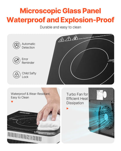 VEVOR Portable Induction Cooktop, 1500W Electric Induction Burner with 9 Temperature Settings, Countertop Induction Hot Plate with 4H Timer, 24H Reservation, Child Lock, Easy to Clean, for Cooking - BXKTMSDCL1509ZY8VV1 - view 7