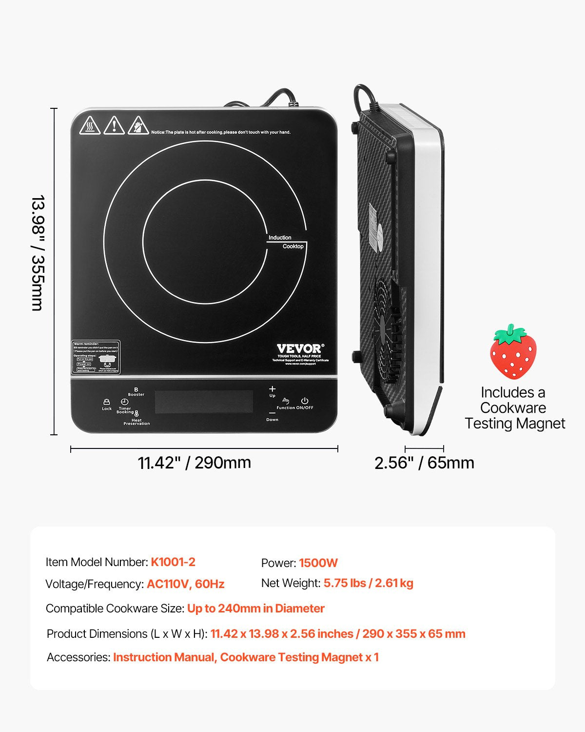 VEVOR Portable Induction Cooktop, 1500W Electric Induction Burner with 9 Temperature Settings, Countertop Induction Hot Plate with 4H Timer, 24H Reservation, Child Lock, Easy to Clean, for Cooking - BXKTMSDCL1509ZY8VV1 - view 8