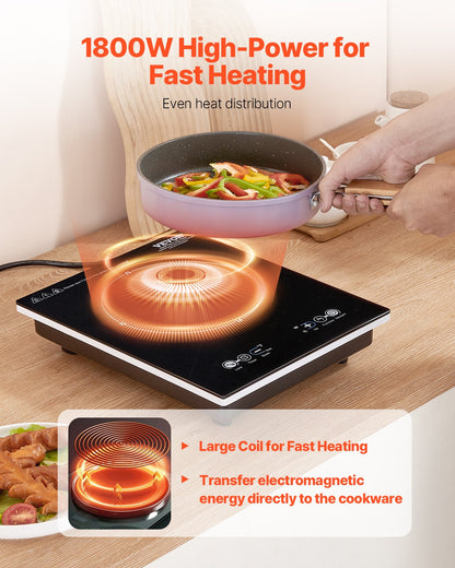 VEVOR Portable Induction Cooktop, 1800W Electric Induction Burner with 9 Temperature Settings, Countertop Induction Hot Plate with 3H Timer, Child Lock, Easy to Clean, for Home Kitchen Cooking - BXKTMSDCL180PEXMRV1 - view 3
