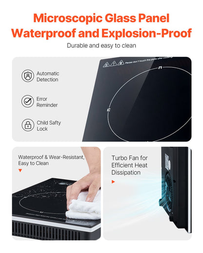 VEVOR Portable Induction Cooktop, 1800W Electric Induction Burner with 9 Temperature Settings, Countertop Induction Hot Plate with 3H Timer, Child Lock, Easy to Clean, for Home Kitchen Cooking - BXKTMSDCL180PEXMRV1 - view 7