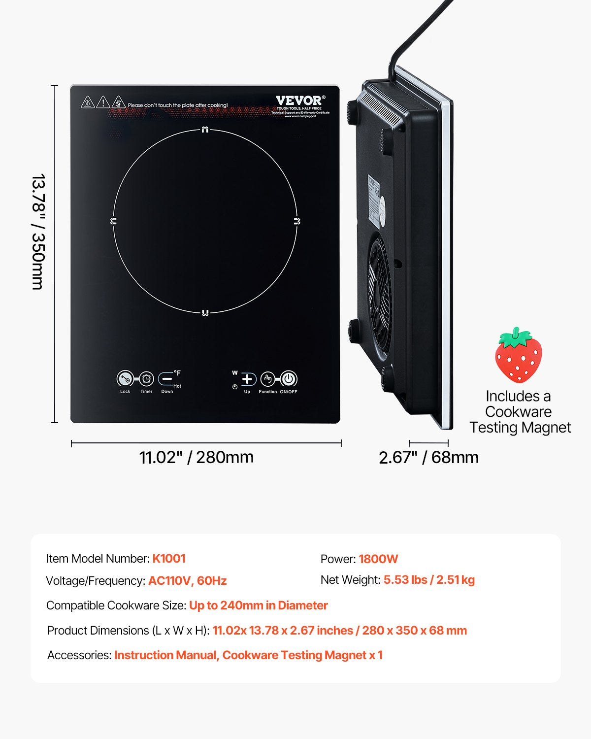 VEVOR Portable Induction Cooktop, 1800W Electric Induction Burner with 9 Temperature Settings, Countertop Induction Hot Plate with 3H Timer, Child Lock, Easy to Clean, for Home Kitchen Cooking - BXKTMSDCL180PEXMRV1 - view 8