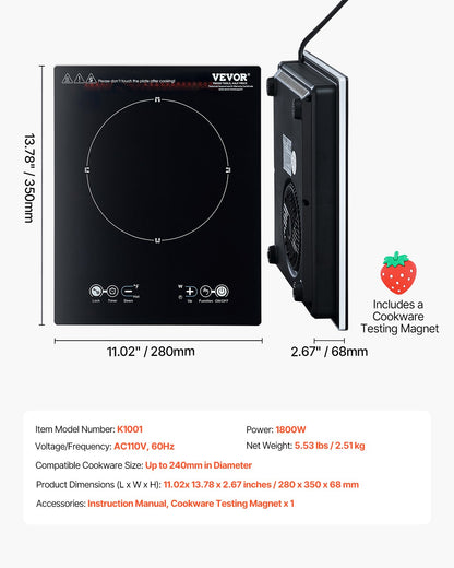 VEVOR Portable Induction Cooktop, 1800W Electric Induction Burner with 9 Temperature Settings, Countertop Induction Hot Plate with 3H Timer, Child Lock, Easy to Clean, for Home Kitchen Cooking - BXKTMSDCL180PEXMRV1 - view 8