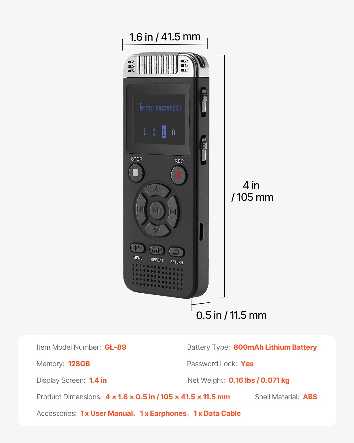 VEVOR Digital Voice Recorder, 128GB, Voice Activated Recorder with Playback, Audio Recording Device with Password USB, 8730 Hours of Storage 40 Hours of Continuous Recording, for Lectures, Meetings - BXLYJ1100MAH86SOMV9 - view 8